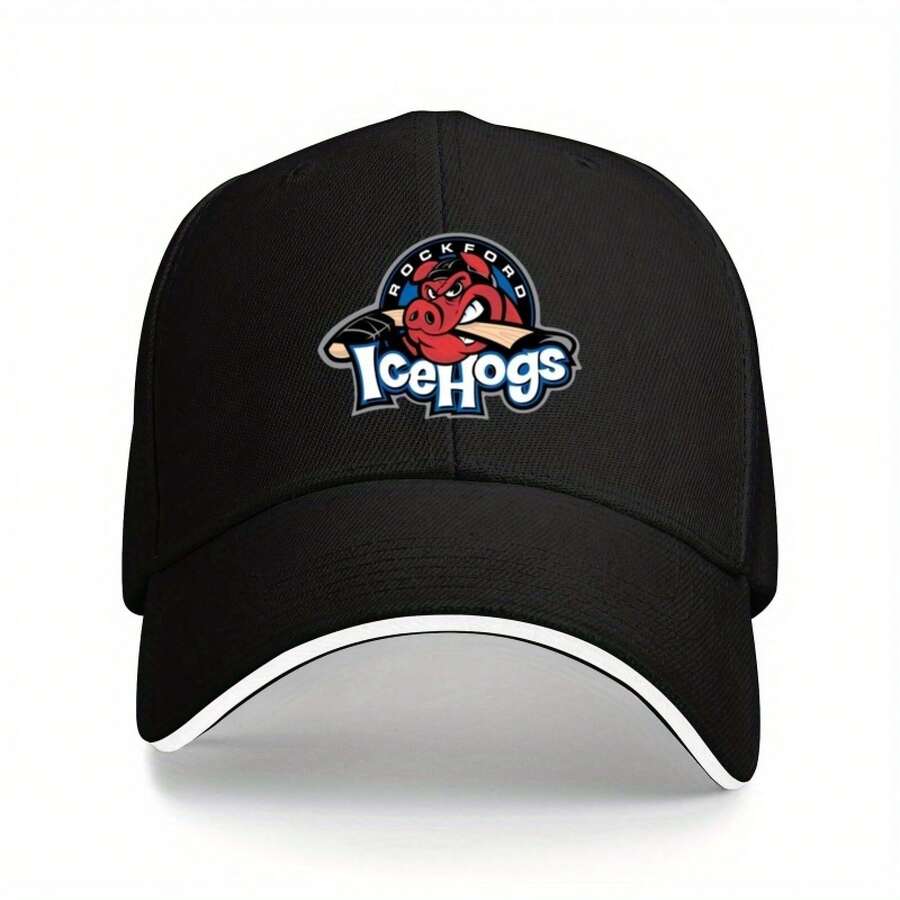 1pc Cool IceHogs Unisex Printed Baseball Cap, Foldable Adjustable Trucker Hat, Stylish Polyester Duckbill Cap Outdoor Sports/Parties/Hiking/Beach Vacation - Black - View 1