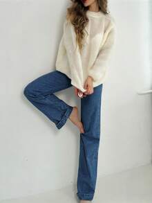 Quần jeans nữ ống rộng cạp trung, kiểu dáng Y2K, màu trơn, thích hợp cho phong cách đường phố và mặc hàng ngày vào mùa xuân. - Rửa tối - Xem 3
