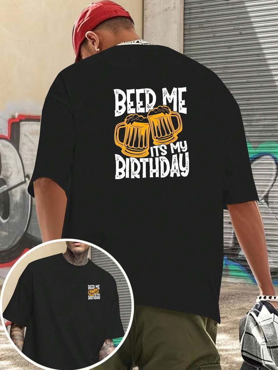 Camiseta de manga corta de doble cara para hombre con estampado de cumpleaños, adecuada para usar - camiseta casual de cuello redondo reversible, lavable aáquina, corte regular, para - Negro - Ver 1