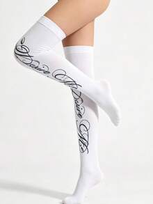 1 Pair Women's Velvet Printed Over-The-Knee Socks, Casual College Style, Fashionable And Versatile, Suitable For Daily College Style Outfits - White - View 2