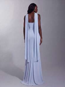 Elegant Off-Shoulder Long Dress, Flowing Cape Sleeves, Ruched Waist, Mermaid Hem Fall Wedding - Baby Blue - View 1