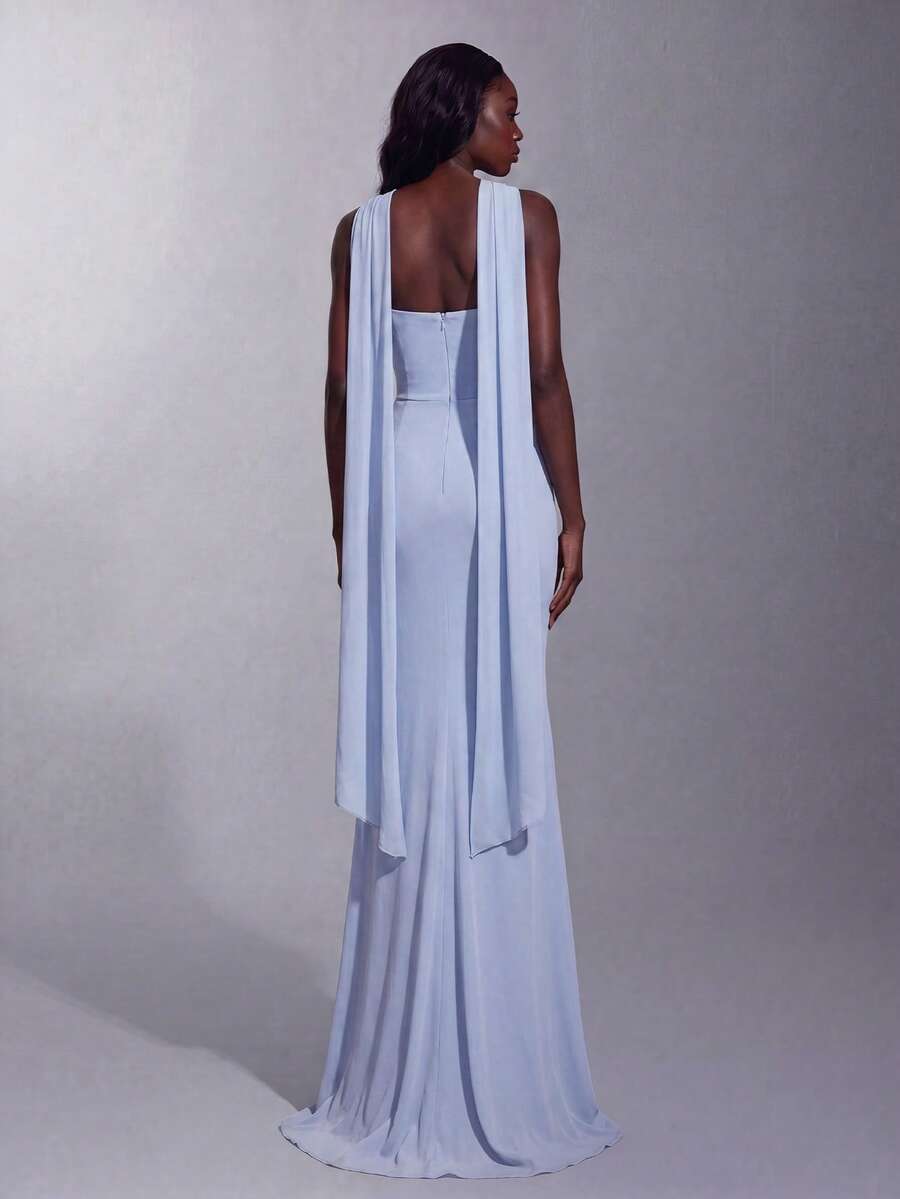 Elegant Off-Shoulder Long Dress, Flowing Cape Sleeves, Ruched Waist, Mermaid Hem Fall Wedding - Baby Blue - View 1