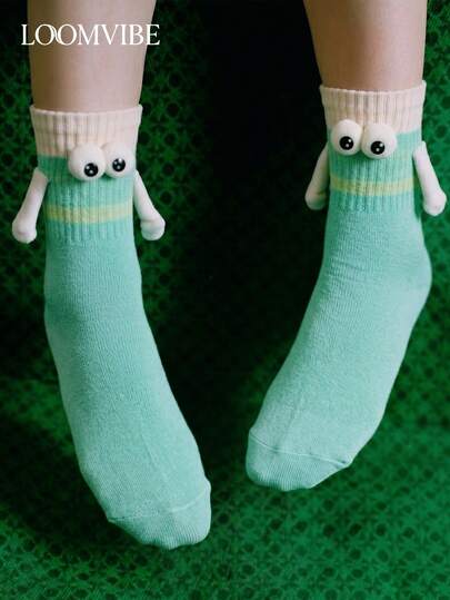 1 Pair Unisex 3D Plush Big Eye Mid-Calf Cotton Socks, Soft Skin-Friendly Breathable Sweat-Absorbing, Mint Green & White Contrast Ribbed Cute Playful Slouch Socks, Suitable For Daily Wear, Home, Student Outfits, Girly Fun Gift