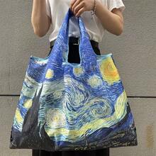 Women's Foldable Tote Bag, Large Capacity Shopping Bag, Oil Painting Style Bag, Washable Shopping Bag, Starry Night And Iris Pattern, Suitable For Commuting, Travel, Business Trip, Shopping, Back To School, Women's Gift, Holiday Gift, Birthday Gift - A - View 9