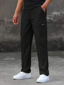 Men's Tiny Label Straight Leg Pants, Drawstring Elastic Waist Casual Outdoor Sports Lightweight Long Pants Black - Black - View 2