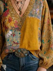 Plus Size Women's Bohemian Print Long Sleeve Patchwork Blouse, Fashionable V-Neck Regular Fit Yellow Vacation - Yellow - View 5