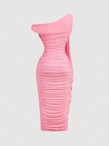 MOD Vestido midi de mujer con cuello asimétrico drapeado, parches y cinturón, de unicolor - Multicolor - Ver 3