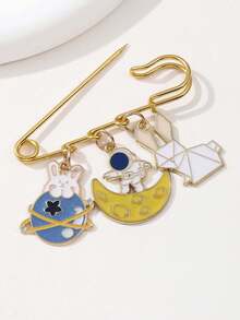 1pc Dreamy Starry Sky Style Multi-Charm Large Brooch, Drip Oil Astronaut Moon Origami Rabbit Colorful Ball Planet Pendant Brooch, Cute Girl Outfit Accessory, Versatile Decoration Pin For Sweaters And Cardigans - Multicolor - View 3
