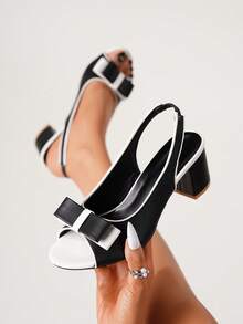 Women's Peep Toe Bowknot Backstrap Block Heel Sandals, Chunky Heels, Versatile For Elegant Dresses, Suitable For Vacation, Commuting, Shopping - Black and White - View 5