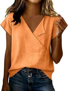 JOAU - Camisetas de algodón y lino para mujer, estilo casual, manga corta, cuello en V, holgadas, ligeras, de gasa - Gris - Ver 16