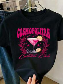 Women's Black Cotton T-Shirt With Pink Cosmopolitan Cocktail Print, "Cosmopolitan Cocktail Club" Text, Lemons And Leaf Details, Chic, Fun And Modern Style, Ideal For S - Hitam - View 1