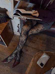 1 Pair Women's Lace Fishnet Tights Stockings, High Waist Tummy Control Slimming Plus Size Fishnet Jacquard Leggings, Suitable For Various Occasions - Black - View 2