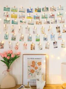 1pc 1-10m LED Copper Wire String Lights With Wooden Photo Clips, 10 Clips Per Meter (±2-3 Clips Error), Hanging Photo Cards Fairy Lights, Photo Wall Decoration Lights, Bedroom Atmosphere Decorative Light String, Suitable For Girls' Room Birthday Party Anniversary Home Decor - 銅色線 - 查看 6