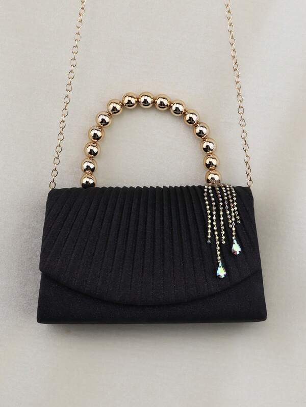 Black Pleated Satin Clutch With Gold Bead Handle And Rhinestone Tassel, Formal Evening Wedding Party Clutch