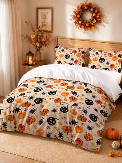 3pcs Halloween Pumpkin Bedding Set (1 Duvet Cover + 2 Pillowcases, No Filling) Classic Orange And Black Holiday Print, Falling Leaves, Ghosts, And Spider Web Designs, Aesthetic Room, Party Gift, Holiday Bedroom Decor, Halloween Gift, Bedding
