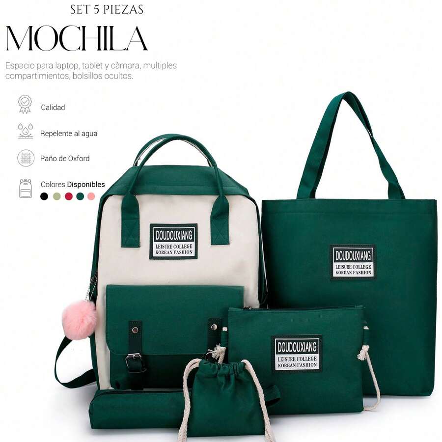 Shendy Vendy Backpack With Large Capacity, 5-Piece Set Fashionable Cool Youth Backpack Pencil Case Laptop School Student - MOD217 綠色 - 查看 1