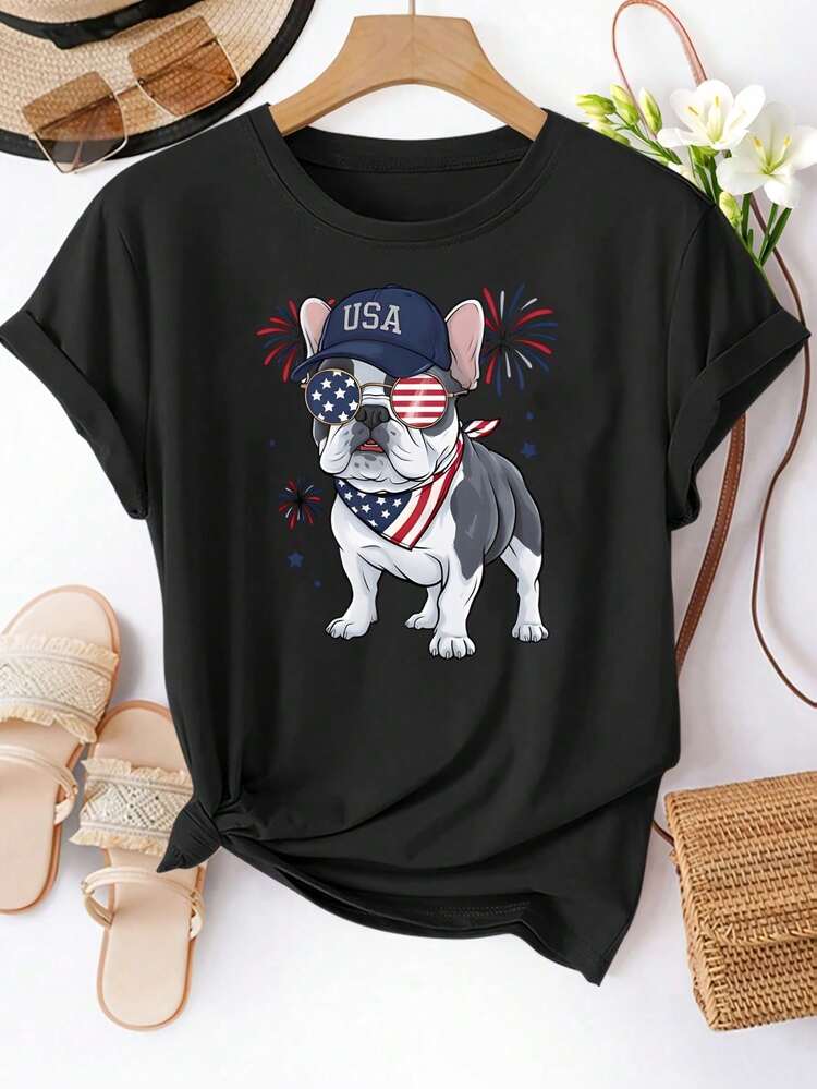 Unisex Size. Plus Size Women's Casual Short-Sleeve T-Shirt With Patriotic Dog Print, Cap, And US Flag. Soft And Stretchy Fabric, Comfortable For All Seasons. - 黑色 - 查看 1