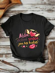 Camiseta de mujer con estampado gráfico de corazón y alas, estilo hip-hop urbano, transpirable, dise?o gráfico. - Negro - Ver 1