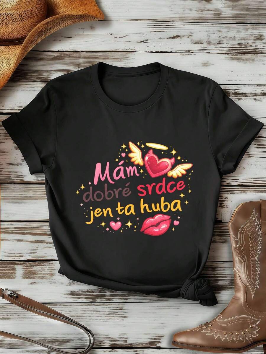 Camiseta de mujer con estampado gráfico de corazón y alas, estilo hip-hop urbano, transpirable, dise?o gráfico. - Negro - Ver 1