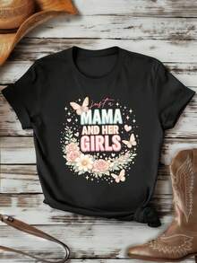 Camiseta Mama Graphic Floral Butterfly Primavera, Algodón Suave, Cuello Redondo, Ajuste Sencillo, Cómoda, Estilo Hip-Hop Urbano - Negro - Ver 1