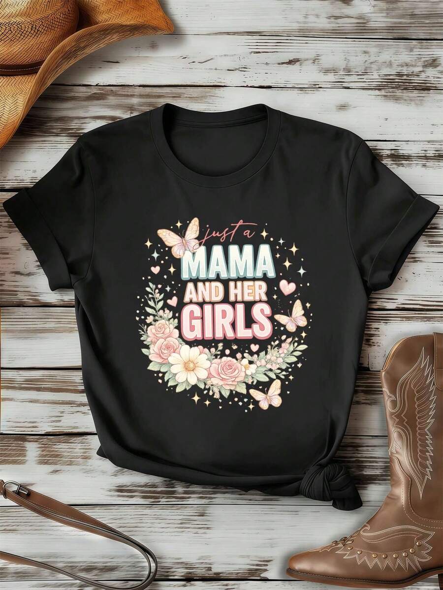 Camiseta Mama Graphic Floral Butterfly Primavera, Algodón Suave, Cuello Redondo, Ajuste Sencillo, Cómoda, Estilo Hip-Hop Urbano - Negro - Ver 1