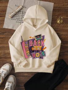 1pc Tween Girls Hooded Sweatshirt, Vintage Print Top, 90s Big Brother Cassette Tape Color Block Letter Pattern, Loose Fit Retro Street Casual Pullover Sweatshirt - Apricot - View 2