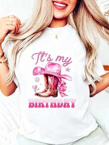 Camiseta de algodón 100% para mujer, con estampado gráfico "Es mi cumpleaños, chica de cumpleaños", estilo vaquera del oeste, color rosa, manga corta, informal. - Blanco - Ver 1