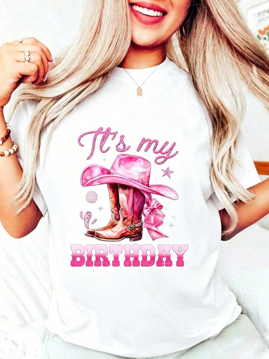 Camiseta de algodón 100% para mujer, con estampado gráfico "Es mi cumpleaños, chica de cumpleaños", estilo vaquera del oeste, color rosa, manga corta, informal. - Blanco - Ver 1