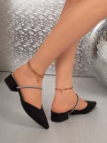 Spring/Summer New Women's Closed-Toe Half-Slingback Sandals, Chunky Mid-Heel Pointed Toe Rhinestone French Style Backless Outdoor Sandals - Black - View 5