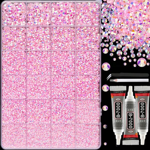 Strass de resina AB rosa claro con base plana, 24 cuadrículas de tamaños mixtos, para funda de teléfono DIY con pegamento de crema, pinzas para el cabello, diademas, zapatos de vestir, decoración DIY hecha a mano Guka, el set incluye bolígrafo, pegamento para joyas, pinzas