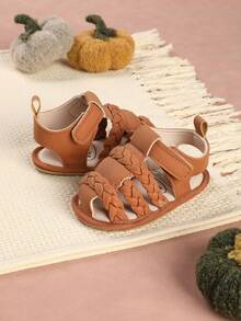 1 par de zapatos para bebé con diseño de rayas tejidas, sandalias planas simples y versátiles, adecuadas para el verano - Marrón - Ver 5