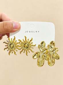 4-6-16PCS Set Anting-Anting Geometris Bunga Matahari Elegan Modis Berwarna Emas, Set Anting-Anting Fashion Wanita, Untuk Pemakaian Sehari-hari, (Bahan CCB Ringan, Tidak Pudar) - Emas - View 4