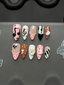 10 Peças de Unhas Postiças Feitas à Mão, Y2K, Unhas de Verão, Unhas Rosas, Unhas de Teclas de Piano com Bolinhas Rosas e Marrons, com Notas Musicais, Laços, Corações de Pérola e Decorações em Relevo de Asas, Unhas em Formato de Amêndoa, Reutilizáveis, Adequadas para Uso Diário/Feriados - Multicolorido - Visão 8