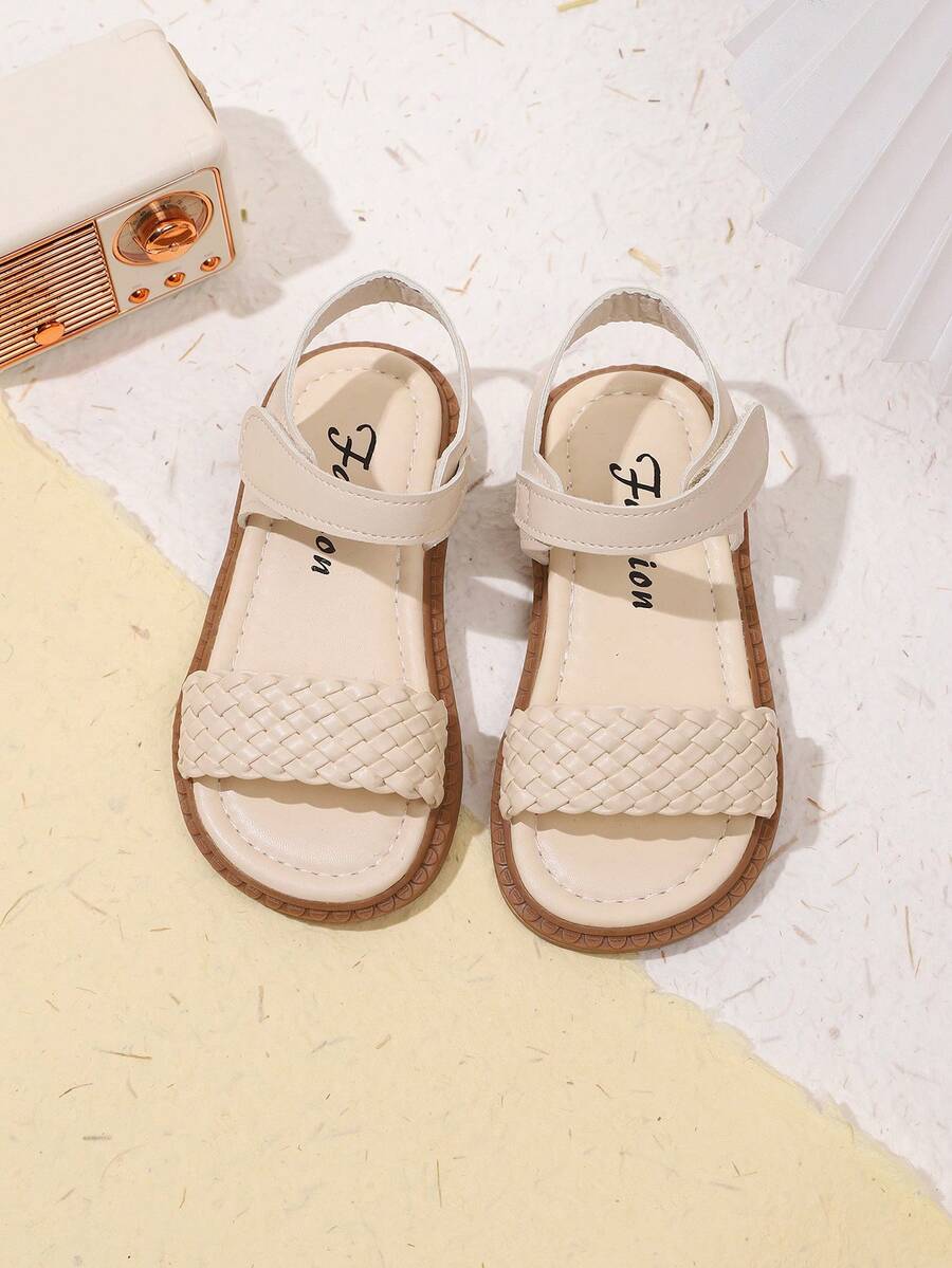 Minimalist Beige Unisex Shoes, Versatile Style, Soft & Comfortable Sole, Woven Cross PU Leather, Hook & Loop Design For Easy On/Off, Perfect For Daily Wear, Campus, Beach Parties - Apricot - View 1