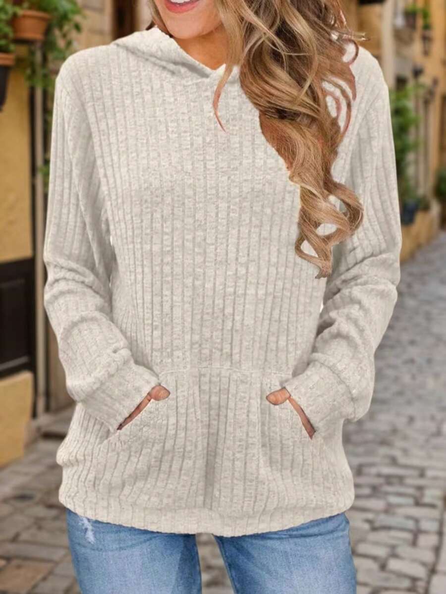 Women's Knitted Long Sleeve Crew Neck Hoodie With Pockets, Regular Length Casual Pullover Sweatshirt - Apricot - View 1