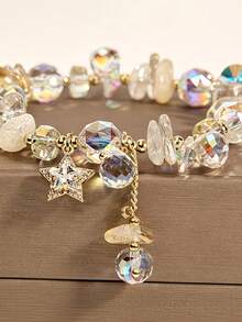 1pc Minimalist Sexy Aesthetic Fairy Style Y2K Iridescent Crystal Bracelet, Exclusive For Teenage Girls, Gold Zirconia Star Pendant With Tassel, Elastic Band, Jewelry, Suitable For Prom, Graduation Season, Music Festival, Daily Wear, Best Friend Birthday, Valentine's Day Gift - Multicolor - View 6
