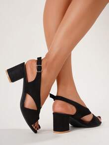 Women Faux Suede Chunky Heeled Slingback Sandals, Elegant Summer Heeled Sandals,Block Heels - Black - View 7