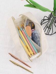 1/2 piezas Estuche de lápices de gran capacidad de terciopelo con cremallera dorada, bolsa de almacenamiento de artículos de papelería de unicolor estético, soporte portátil multifuncional para bolígrafos, suministros escolares para estudiantes, organizador duradero de oficina, viaje y maquillaje,Vuelta a la escuela - albaricoque - Ver 4