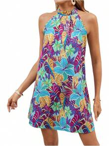 - Vestido corto sin mangas con estampado floral para mujer, cuello halter, línea A - Negro - - Ver 18
