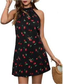 - Vestido corto sin mangas con estampado floral para mujer, cuello halter, línea A - Negro y blanco - Ver 26