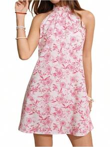 - Vestido corto sin mangas con estampado floral para mujer, cuello halter, línea A - Negro y blanco - Ver 16