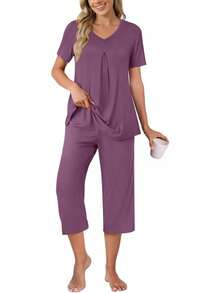 Anyally - Conjunto de pijama de verano para mujer, camisa de manga corta y pantalones capri de 2 piezas, pijama plisado con bolsillos - Malva plisada - Ver 17