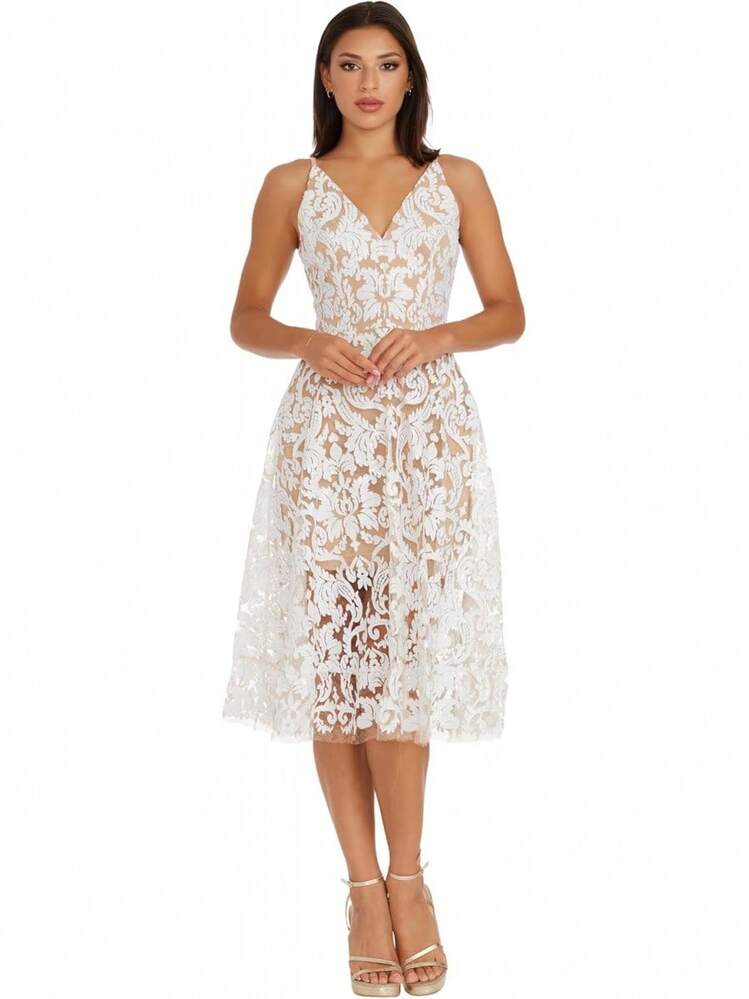 Dress The Population Blair Vestido Midi Entallado y Acampanado Vestido para Mujer - Blanco/ piel - Añade 2