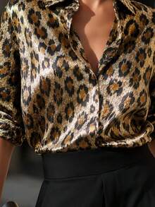 Blus Motif Leopard Elegan untuk Wanita, Pakaian Kasual Serbaguna untuk Perjalanan Sehari-hari, Liburan, Atasan Musim Semi dan Gugur - Coklat - View 5