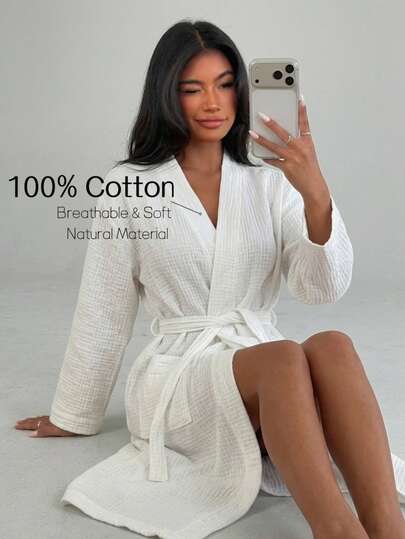 Robe de vară pentru femei, 100% bumbac pur, ținută casual de relaxare, robuță largă și confortabilă pentru dimineață, cu buzunare și centură, set confortabil, potrivită pentru vară, toamnă și iarnă
