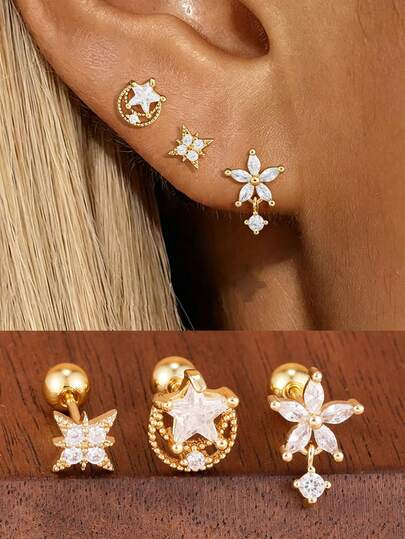 3PCS 18K Gold Plated Stainless Steel Tragus Piercing Helix Stud Earring Set For Women Heart Petal Ear Piercing Earring Fashion Jewelry