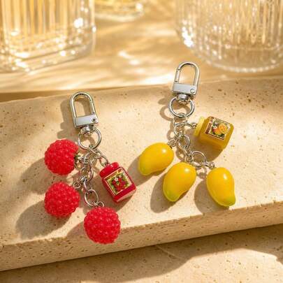 1pc Women's Ins Style Artificial Lychee & Mango Fruit Jam Pendant Keychain, Cute Bag & Key Charm