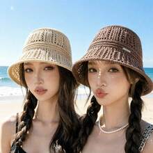 女款幸運Logo可折疊草編遮陽帽，純色防紫外線旅行沙灘帽，時尚百搭夏季戶外遮陽帽，適合海灘度假 - 帽子 - 查看 9