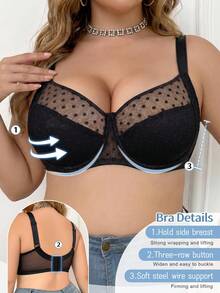 mimilemon Women's Plus Size Polka Dot Mesh Lace Underwire Bra, Comfortable Breathable Fabric, Push-Up Lift, Adjustable Wide Strap, Full Support - Black - View 3