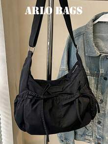 Black Anti-Wrinkle Nylon Shoulder Bag, Drawstring Pleated Pocket, Adjustable Wide Strap, Soft Large Capacity Casual Shoulder Bag, Ideal Choice For Minimalist Street Girls, Perfect For Daily Outings, Coffee Dates, Weekend Shopping And City Walks. - Black - View 7